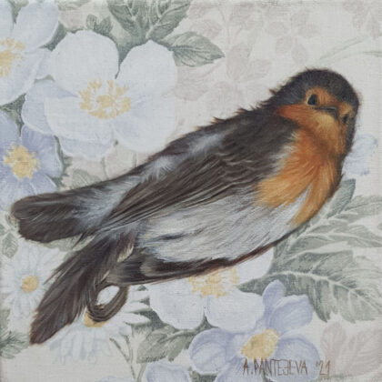 "Robin found on Pērnavas street", oil on canvas, 15x15cm, 2021. Available