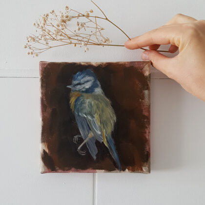 "Blue tit found on Satekles street", oil on canvas, 15x15cm, 2022. Sold