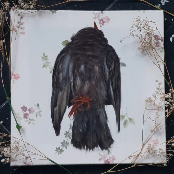 "Pigeon found of Dzirnavu street", oil on canvas, 35x35cm, 2022. Sold